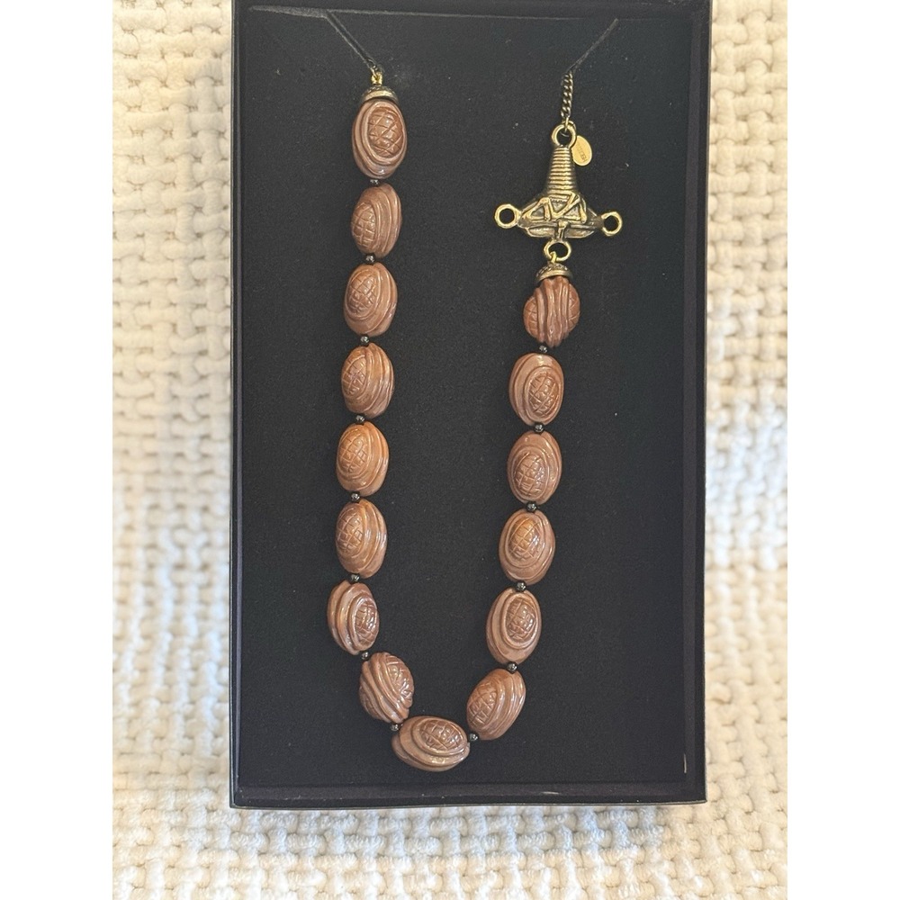 Heidi Daus Brown Carved Bead Statement Necklace – Vintage Style, Gold Tone Clasp
